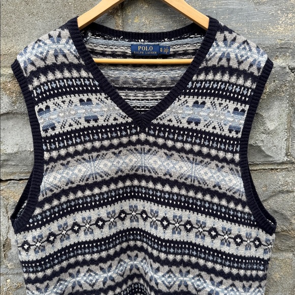 Polo Ralph Lauren Fair Isle Sweater Vest XL Blue Grey Cotton Cashmere blend